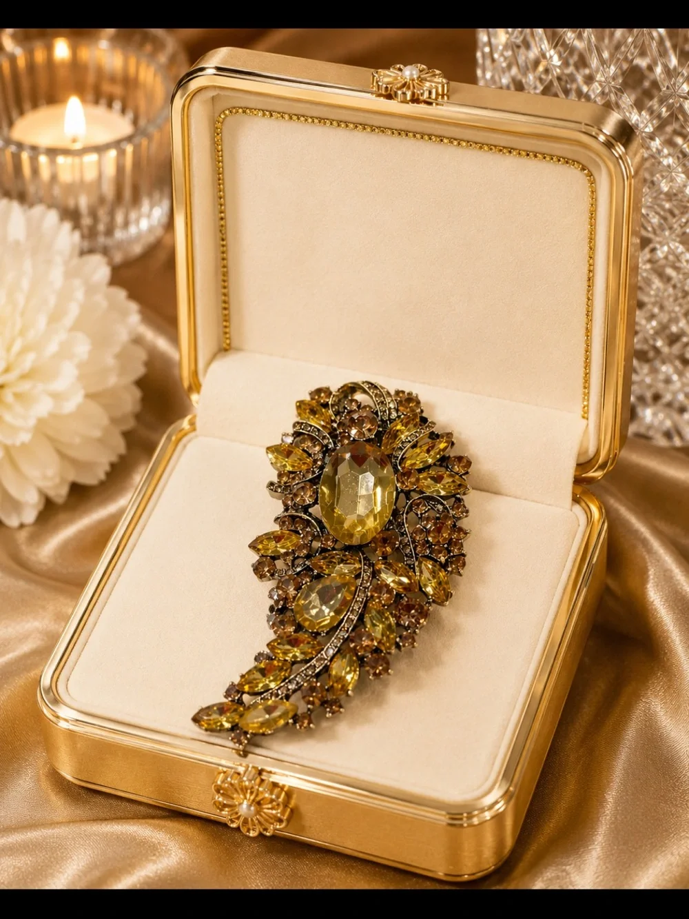 Gold-Tone Citrine Crystal Leaf Brooch - Elegant Women’s Jewelry NWOT
